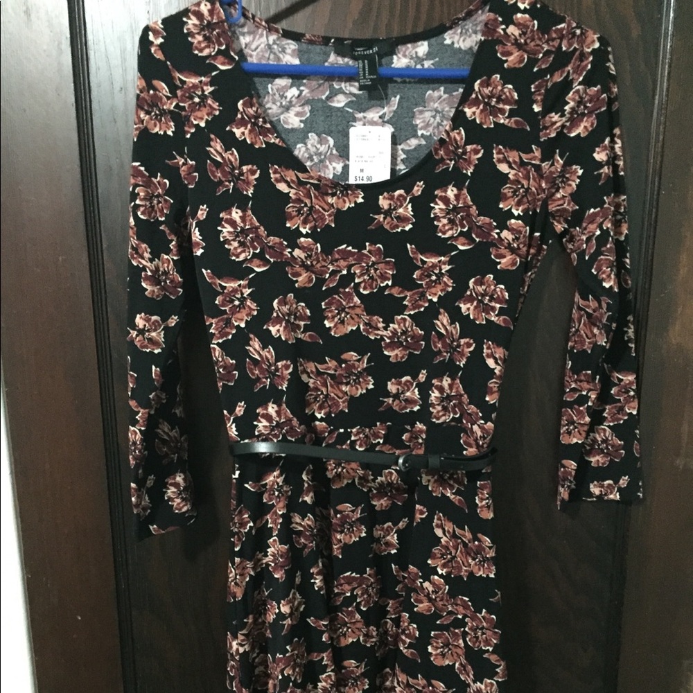NEW- Belted, black dress with maroon flowers
